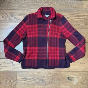 Isaac Mizrahi Live Moto Plaid Sweater Jacket Red Plum Purple M NWOT FLAW